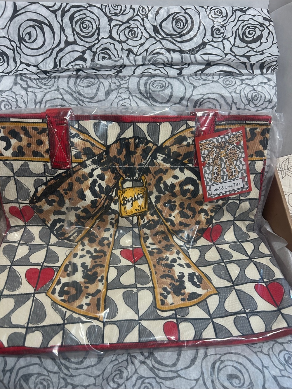 Brighton Leopard Bow Heart Canvas Tote in Red, Tan, Black